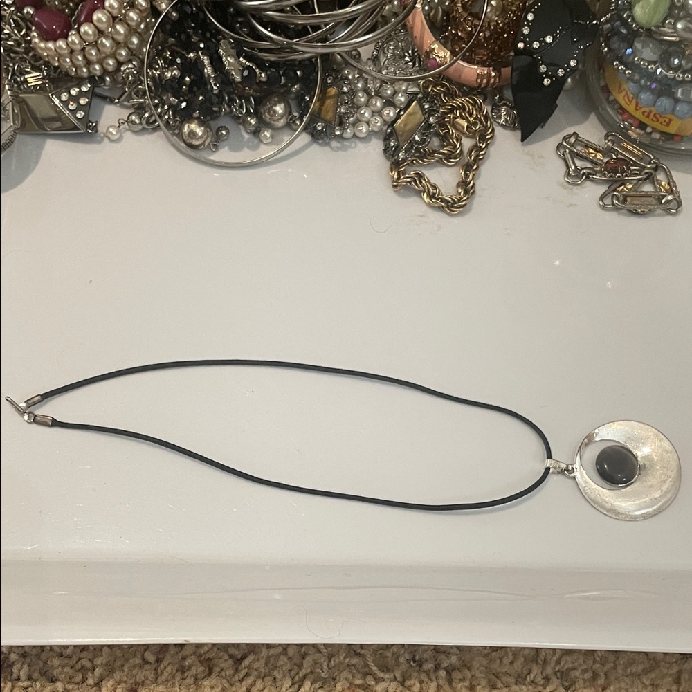 Black Cord Necklace with Silver Pendant and Black Stone